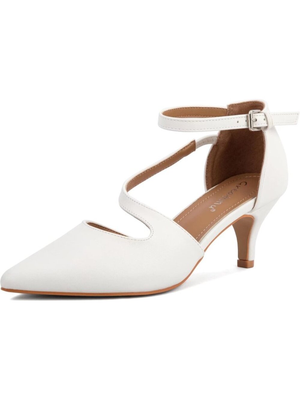 Women's White Kitten Closed Pointed Toe Heels Low Heel Cross Strap Dress Shoes